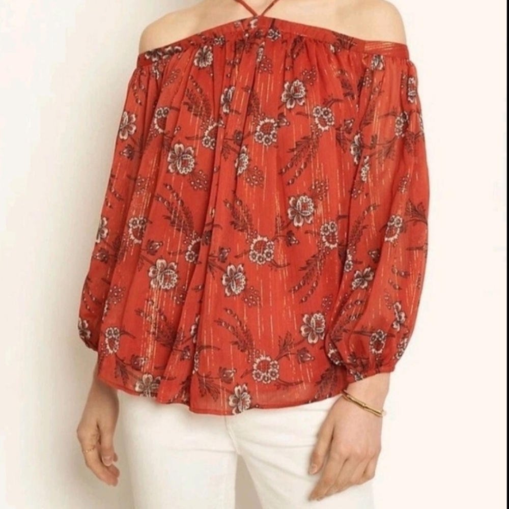 Ann Taylor Burnt Orange Off-Shoulder Smocked Blouse